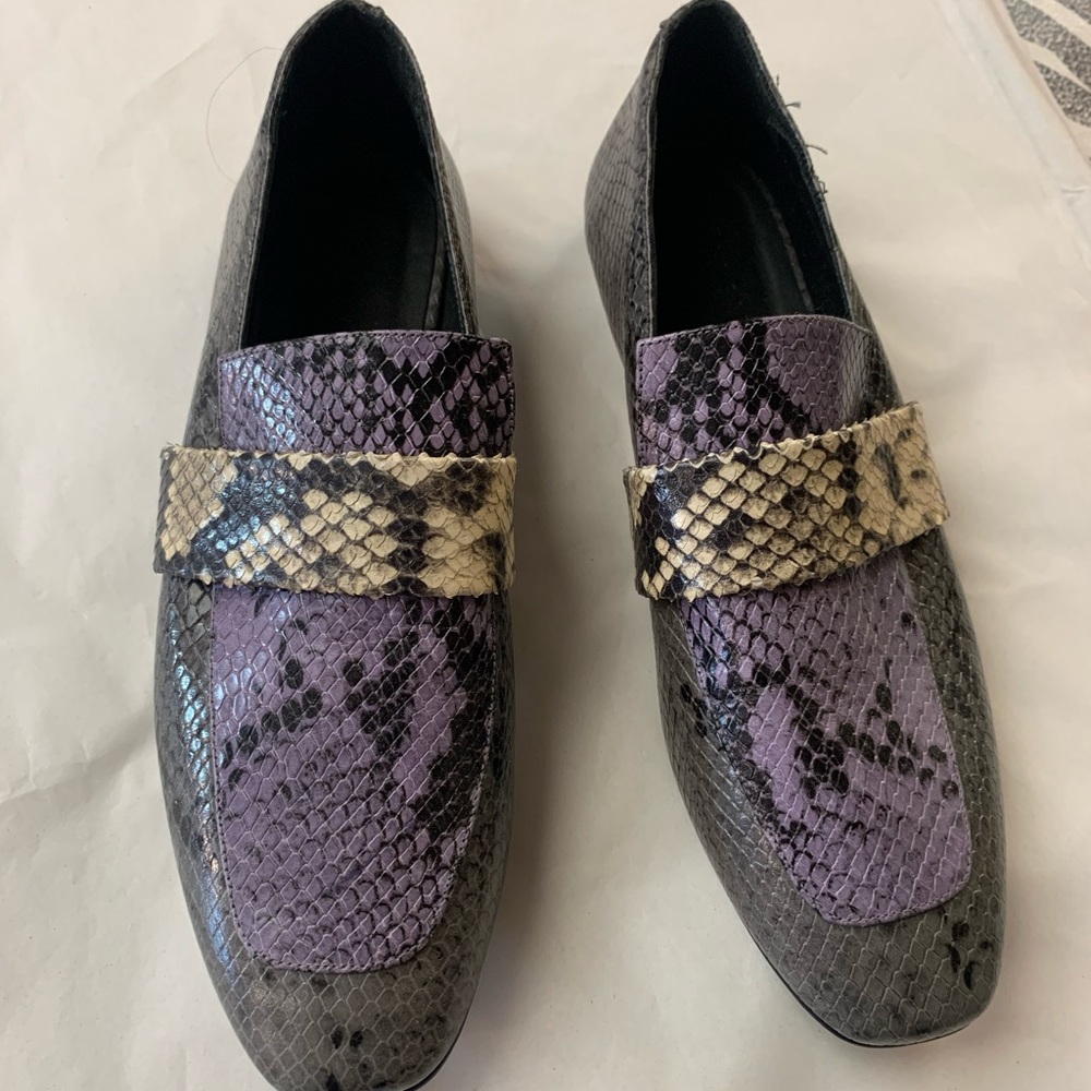 Freda Salvador Purple and Beige Snake-Print Loafers